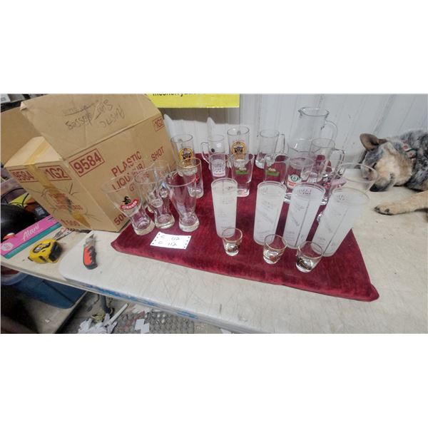 Collection of Vintage Beer Glasses Including O'keefe, Grolsch, Lambs, Box Plastic Shot Glassesand