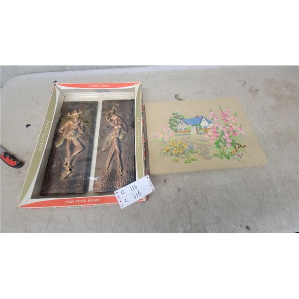 Favor-Ware Wall Plaque Set with Masked Dancers and Embroidered Cottage Scene