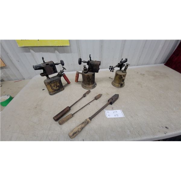 Vintage Brass Blowtorches, Soldering Irons with Wooden Handles, and More