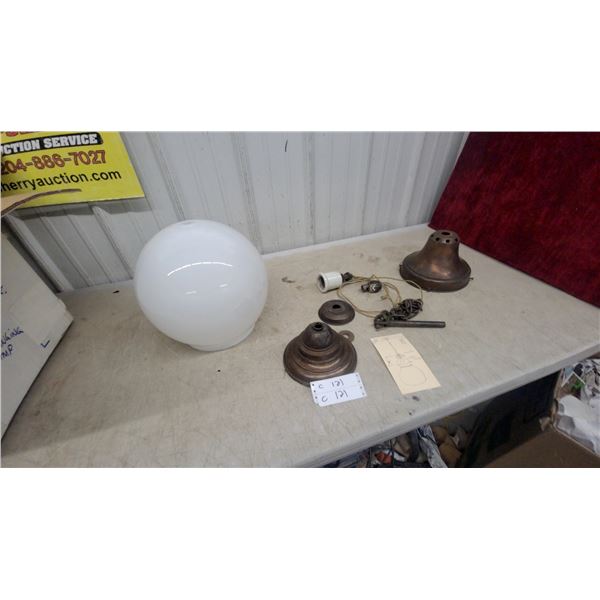 Antique Brass Hanging Lamp with White Milk Glass Globe and Chain