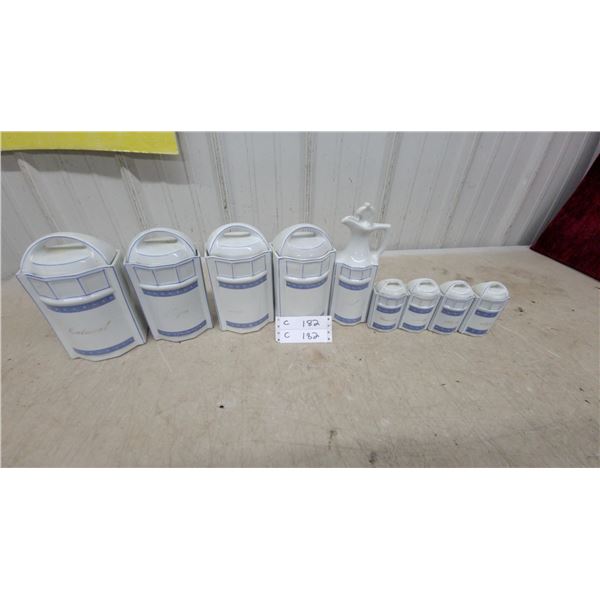 White Ceramic Canister Set with Blue Greek Key Design and Spice Jars 9 Pc. Made in Germany