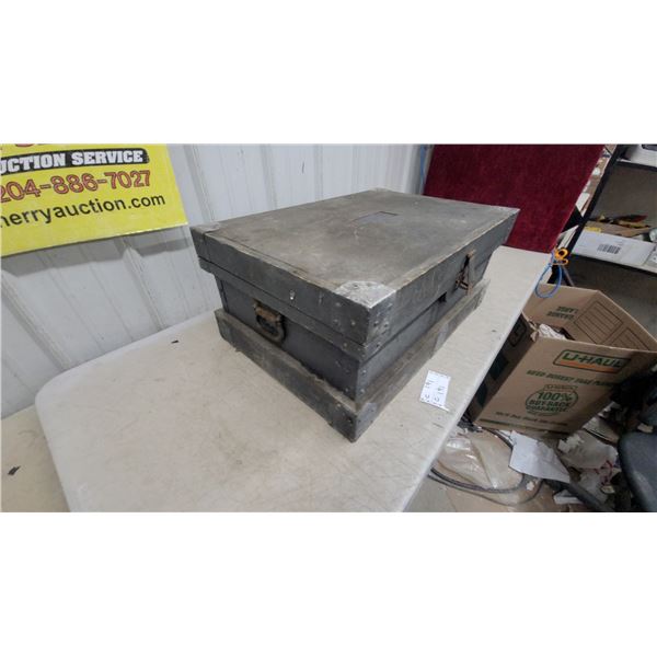 Antique Wooden Carpenters Tool Box with Metal Lining and Interior Shelf 12 x 28 x 19"
