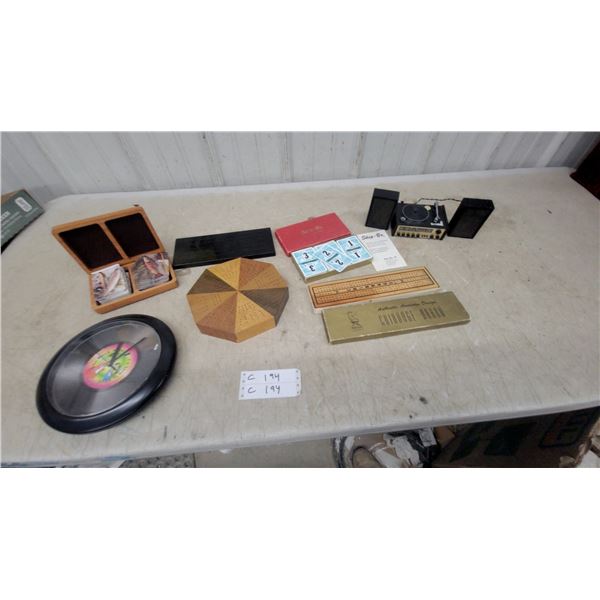 Vintage Games Lot: Skip-Bo, Cribbage Boards, Record Clock, Vintsge Mini Turntable, and More