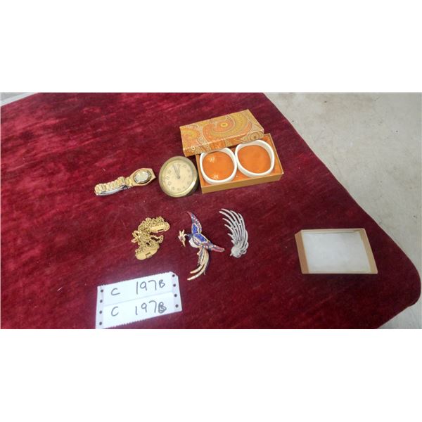 Vintage Costume Jewelry Brooches, Watches, Westclox Desk Clock, and More