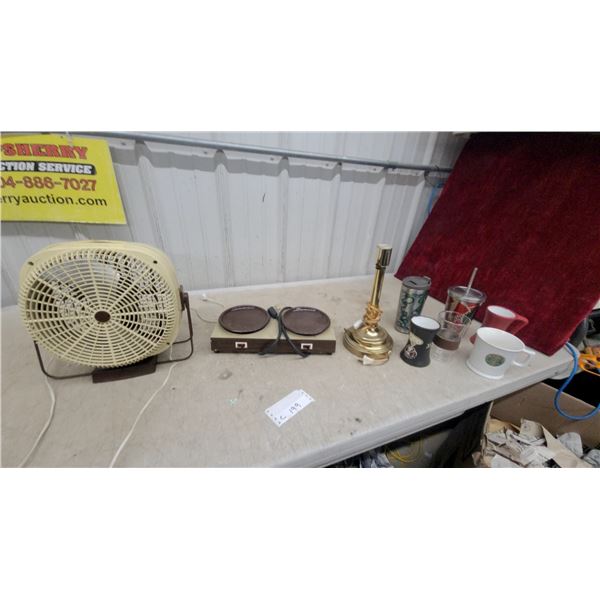Vintage Box Fan and Double Burner Electric Hot Plate Starbuck Drinkware and Lamp
