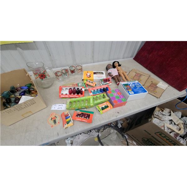 Vintage Christmas Light Bulbs, Poinsettia Glassware, Dolls, and More