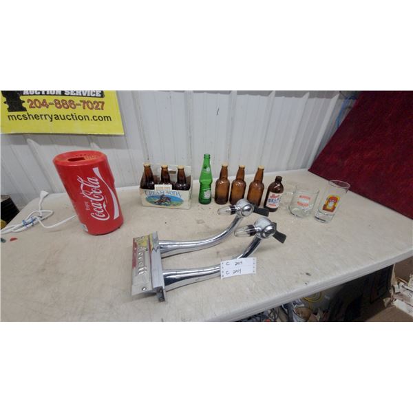 Arietir Chrome Double Beer Tap Tower, Coca-Cola Popcorn Maker, Sioux City Cream Soda Bottles, and