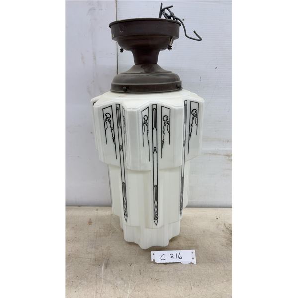 Art Deco White Milk Glass Skyscraper Pendant Light Fixture with Bronze Fitter 21" Tall
