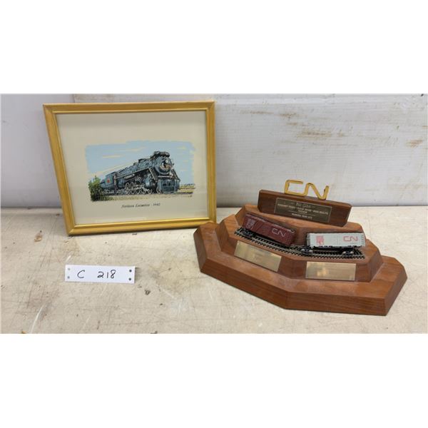 CN Railway Retirement Award with Model Train Cars and Northern Locomotive 1940 Framed Picture 9 x