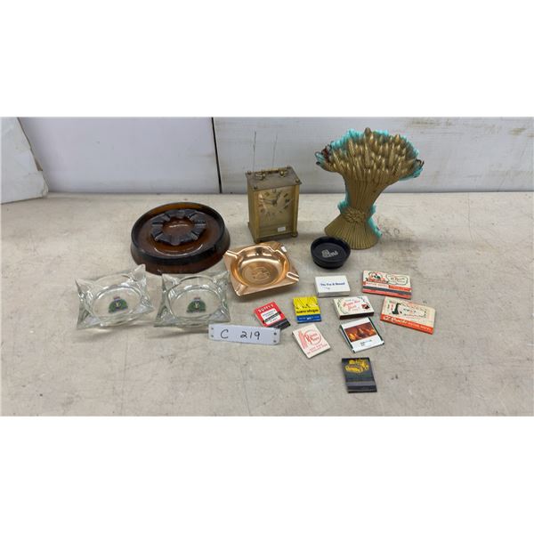 Vintage Ashtrays, Brass Carriage Clock (Crack on Face) Cast Iron Wheat Sheaf Doorstop, Matchbooks