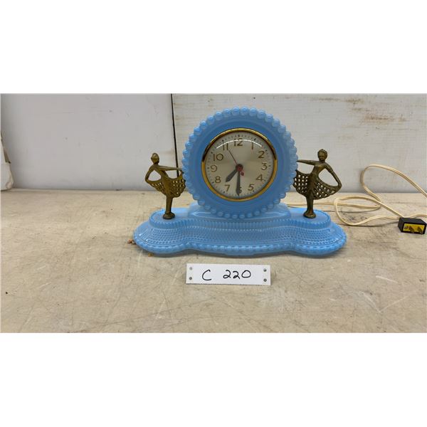 Sessions Blue Hobnail Glass Mantel Clock with Brass Ballerina Figurines 8 1/4 x 13 x 3 1/2"