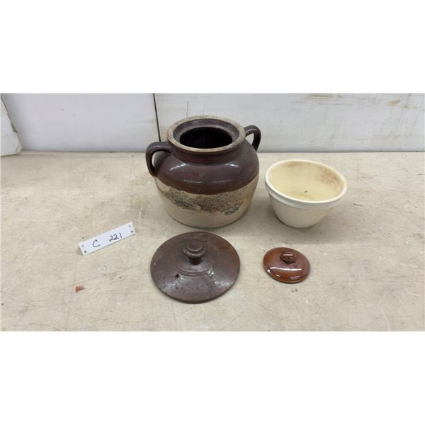Vintage Stoneware Bean Pot with Handles, Mixing Bowl, 2 Lids