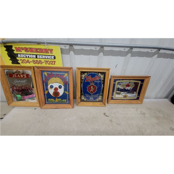Four Framed Mirrored Signs Including Stroh's Beer, Labatt's, and Mr. Bill 11 x 14" Carnival Prizes