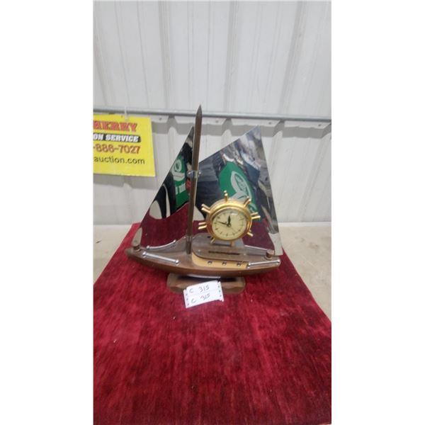 United Sailboat Ship's Wheel Electric Mantel Clock with Mirrored Chrome Sails Lights up 18" Tall