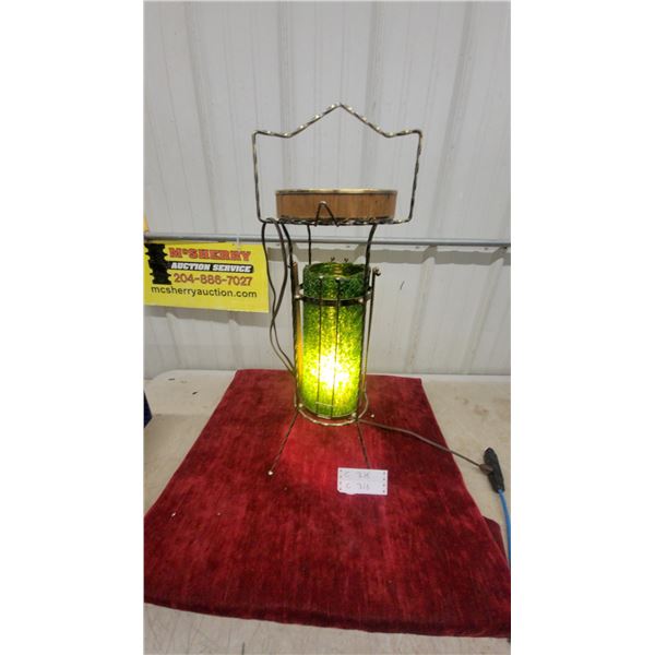 Mid-Century Green Spaghetti Floor Lamp/Ashtray Stand with Brass Frame and Wood Accents