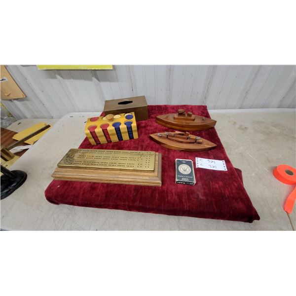 Cribbage Board Collection with Brass Inlay Board, Poker Chips, and Playing Cards