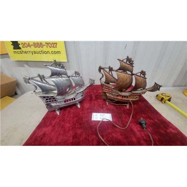 Two Cast Metal Sailing Ship Figurines, One Lamp One Door Stop