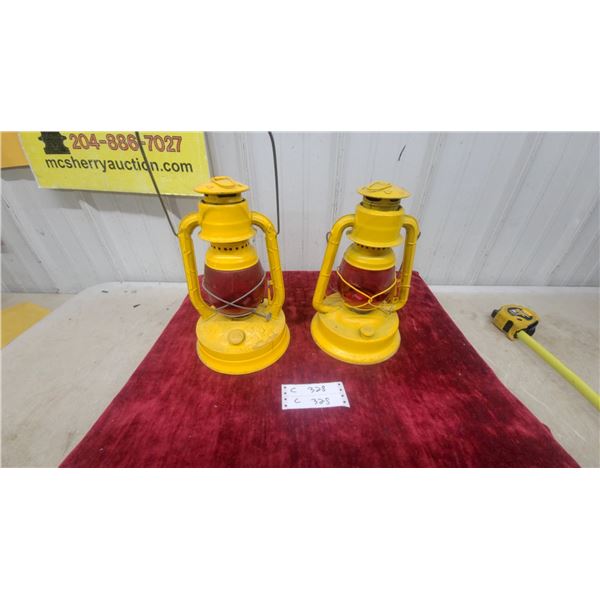 Pair of Yellow Dietz Kerosene Lanterns with Red Globes