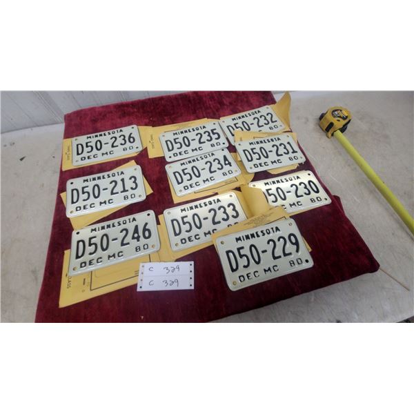 Collection of Minnesota Motorcycle License Plates, December 1980, Dealer Plates D50 Series and More