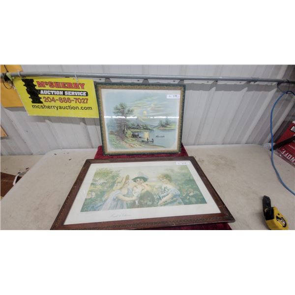 Two Vintage Framed Prints, Romantic Garden Scene and Pastoral Landscape Biggest 17 x 28"