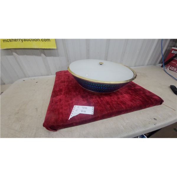 Flush Mount Ceiling Light Fixture with Frosted Glass Dome and Blue Iridescent Band, Brass Trim 18"
