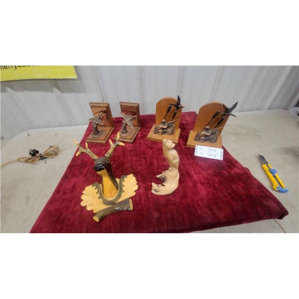 Vintage Wood Carved Deer Head Wall Plaque, Metal Pheasant and Gunter Book Ends, and More