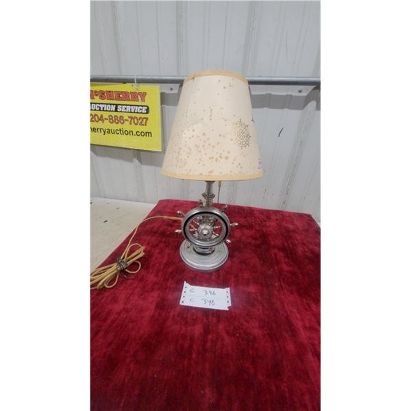 Vintage Nautical Ship's Wheel Chrome Table Lamp with Sailing Ship Parchment Shade
