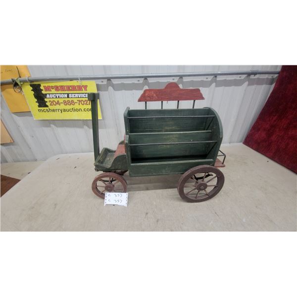 Rustic Wagon Style Magazine Rack 24" Long with Spoked Wheels, Green and Red Paint