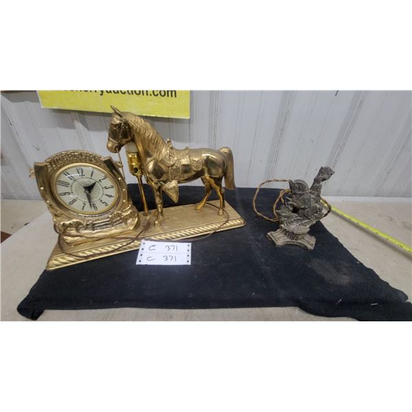 Vintage Brass Horse and Horseshoe Mantel Clock with Lamp