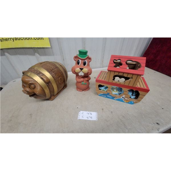 Pork Barrel Pig Coin Bank, Beaver Bank with Green Hat, and Noah's Ark Toy