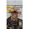 Image 2 : Two German-Style Carved Wood Cuckoo Clocks with Pinecone Weights and Accessories