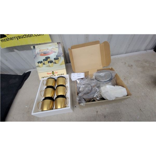 Thermo Serv Insulated Cups Set of Six Gold and Black with Wire Handles in Original Box N.O.S. and