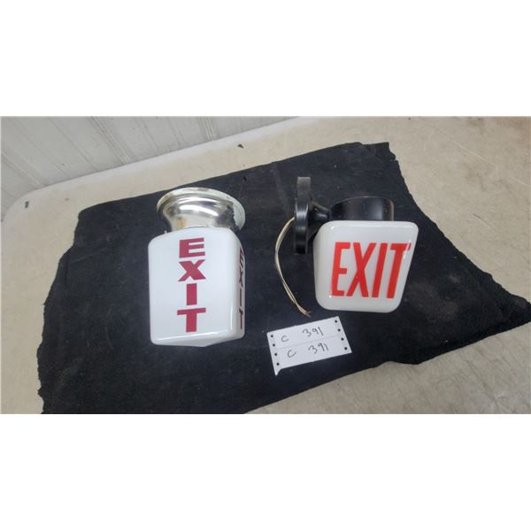 Two Vintage Milk Glass Exit Sign Light Fixtures with Chrome and Black Bases