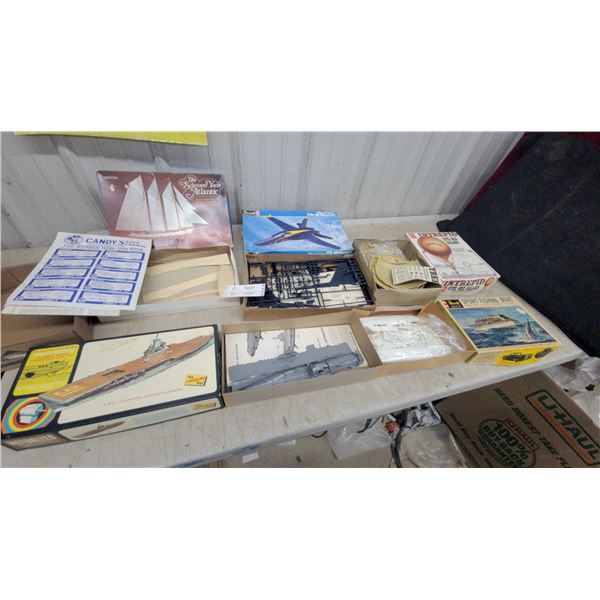 Collection of Vintage Plastic Model Kits Including USS Lexington, F/A-18 Hornet, and More