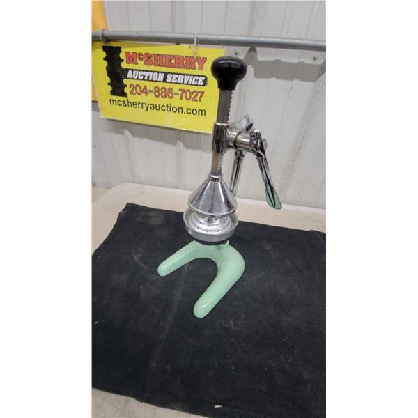 Vintage Manual Citrus Juicer Press with Jadeite Green Base and Chrome Body