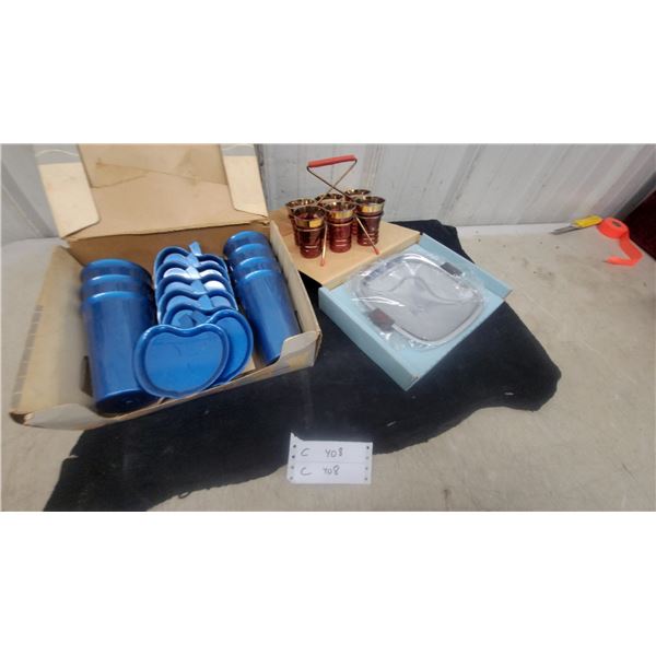 Princess Beverage Set, Blue Plastic Cups with Coasters, and Red Glass Shot Set with Carrier Plus