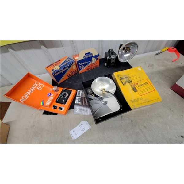 Agfamatic 50 Camera, Kodak Brownie Hawkeye, Westinghouse Movie Floods, Flash Holders, and More