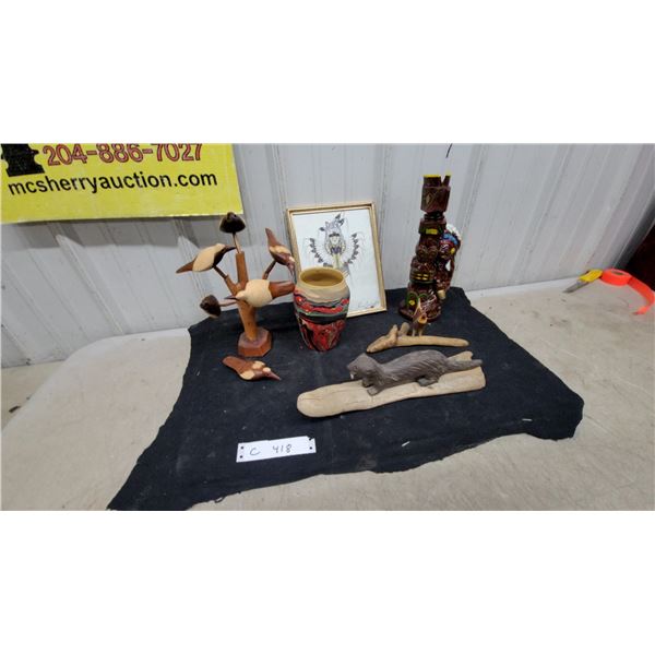 Carved Wooden Bird Sculpture, Ceramic Totem Pole Decanter, Nemadji Vase, and More