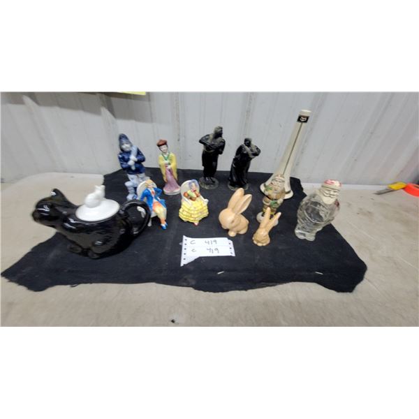 Collection of Ceramic Figurines, Black Cat Teapot and Art Nouveau Bud Vase and More