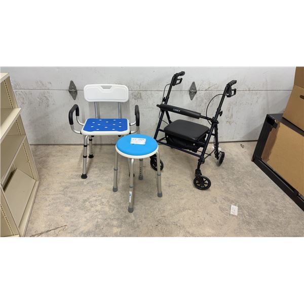 Medical Shower Chair with Armrests, Round Bath Stool, and Carex Rollator Walker