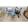 Image 1 : Medical Shower Chair with Armrests, Round Bath Stool, and Carex Rollator Walker