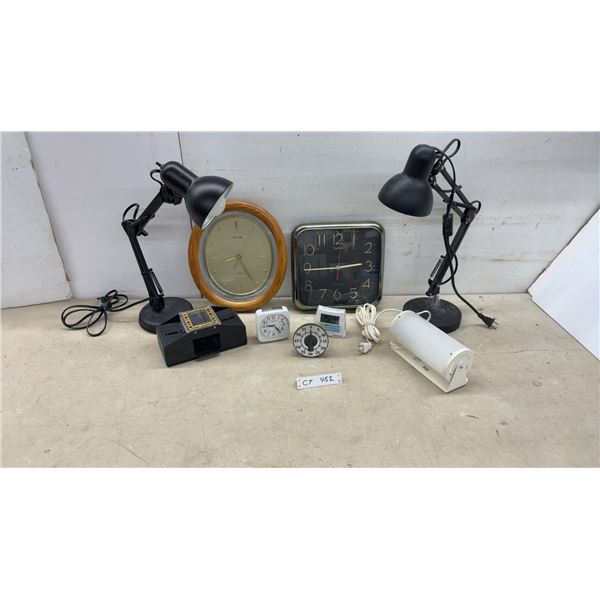Adjustable Desk Lamps, Bulova and Quartz Wall Clocks, Seiko Clock, Card Shuffler, and More