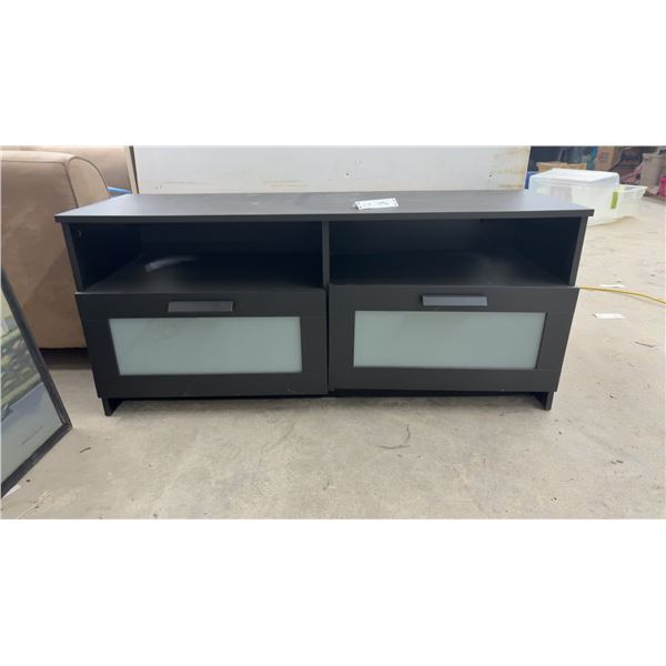Black Tv Stand with Two Frosted Glass Front Drawers and Open Shelf Storage 21 x 47 1/2 x 16 1/4"