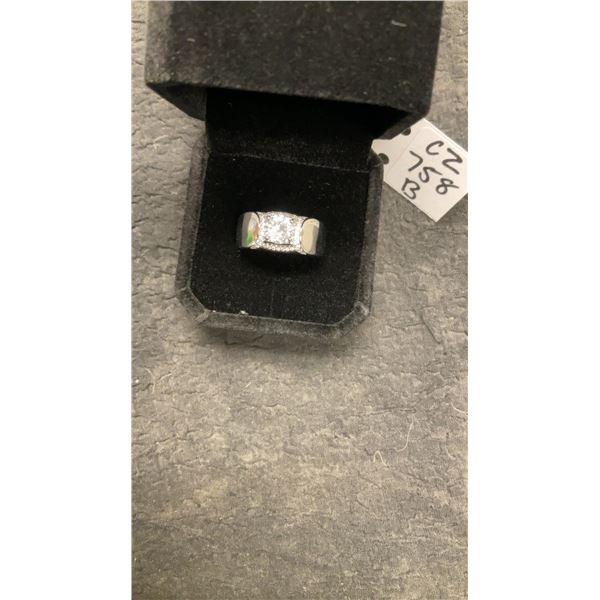 NEW Platinum-Plated Simulated Diamond Cubic Zirconia Man's Ring with Resizable Band and Gift Box