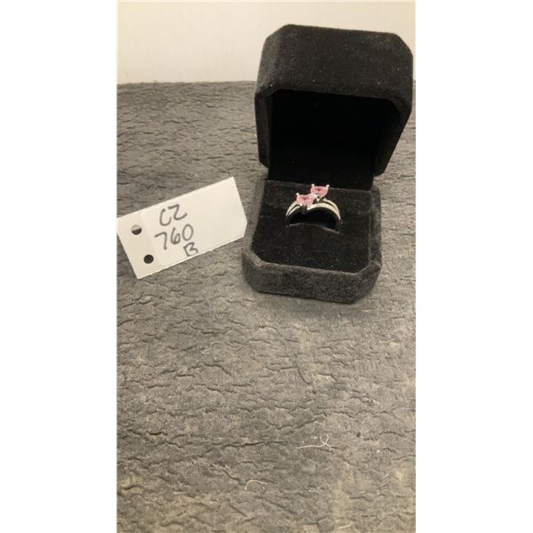 Platinum Plated 1.0 Total Carat Weight Pink Simulated Diamond Double Heart Ring Size 7