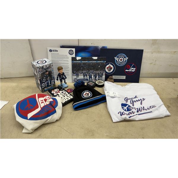 Winnipeg Jets Memorabilia Lot with Cole Perfetti Bobblehead, Jerseys, Pucks, and More