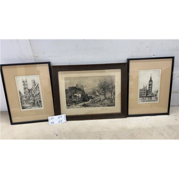 Three Framed Etchings Including a. J. Meyer London Scenes and Carl Schultze Landscape