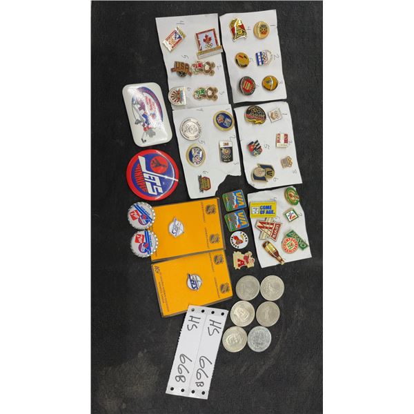 Collection of Olympic Pins, Winnipeg Jets Memorabilia, Coins, and More