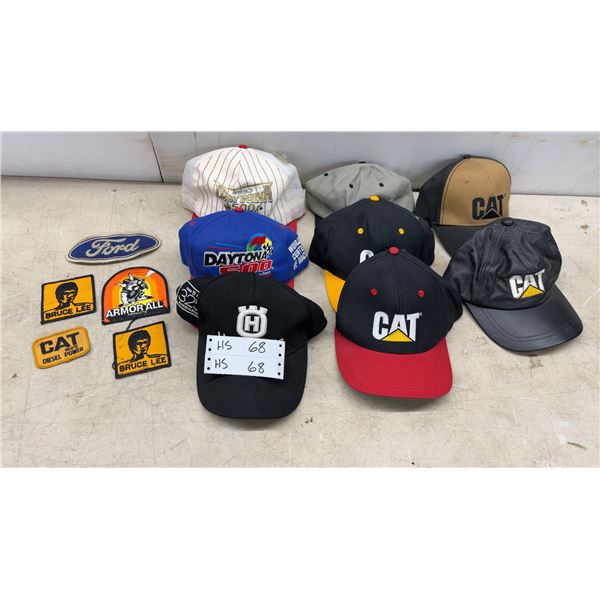 Vintage CAT, Daytona 500, and Husqvarna Hats with Bruce Lee and Ford Patches