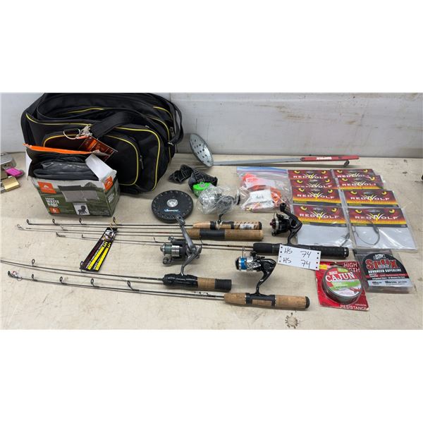 Ice Fishing Rod and Reel Combos, Red Wolf Spreaders, Tackle Bag, Line, and More